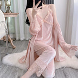 Gold velvet three-piece pajamas set, autumn and winter lace nightgown, sexy home wear with chest pad