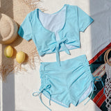 2026 Two Piece Swimsuit Swimwear Women Short Sleeve High Waist Bowknot Bathing Suit Beachwear Snakeskin Print Banadores Mujer