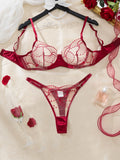 Sexy Red Floral Embroidery Lace Bra Thong Set Women Sheer Mesh Satin Trim 2‑Piece Intimate Lingerie Underwear Sleepwear ZA825287