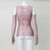 AHAgaga Sexy Tee T-shirt Women 2025 Summer Casual Letter Print Skinny See Through With Gloves Cropped Shirts Women Female Blusas