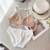 Deep V Halter Neck Bra Set French Style, Lace Push Up Bralette for Small Chest, Sexy Wireless Triangle Bra Set MOYISU Sexy Tushy