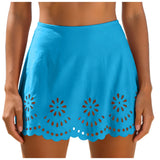Women Solid High Waist Swim Skirts Hollow Out Floral Cutout Scalloped Hem A Line Bikini Cover Up Skirt Vacation Pool Beachwear