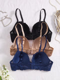 3Pcs Floral Lace Women's Underwear Set Daily Push-Up Bra Rhinestone Breathable Mesh Bra for Women