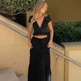 FDYOUI Sexy V-neck Lace Patchwork T-shirt Tops+Long Skirt 2 Piece Set Women's Summer Green Holiday Party Dress Suit Streetwear
