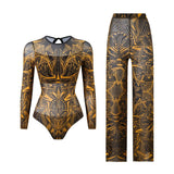 S - XXL New Printed Long Sleeve With Pants Women Swimwear One Piece Swimsuit Female Floral Padded Bather Bathing Suit Swim V7176