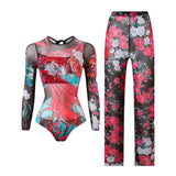 S - XXL New Printed Long Sleeve With Pants Women Swimwear One Piece Swimsuit Female Floral Padded Bather Bathing Suit Swim V7176