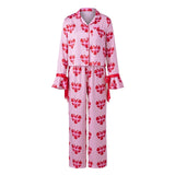 Women 2025 Heart Print Pajama Set Long Sleeve Button-up Tops and Pants 2 Piece Valentines Day Sleepwear Outfit