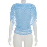 FDYOUI Women's Summer Polka Dot Print Shawl Tops High Street Ladies Fashion Sexy Folds Slim T-shirt Holiday Party Tee Shirts