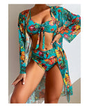 Sexy High Waisted Bikini 3 Pieces Floral Printed Swimsuit Size 3XL-S Women Bikini Set With Mesh Long-Sleeved Blouse Super Sales