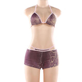 2026 New Women's Euro-American Hot Girl Halter Tie Bikini 3-Piece Set Printed Beach Swimsuit Cover Up Top Bottom
