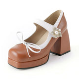 Purple Women Pumps Square Toe 9cm For Women Mary Janes Lolita Block Heel Platform Bowknot Princess Leather Shoes Big Size 34-48