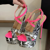 New Sexy Snake Print Leather Platform High Heels Sandals Women Fashion Peep Toe Buckle Strap Stiletto Party Dress Shoes
