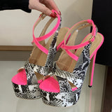 New Sexy Snake Print Leather Platform High Heels Sandals Women Fashion Peep Toe Buckle Strap Stiletto Party Dress Shoes
