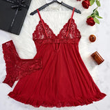 2 Pieces Women's Sleepshirts Lace Lingerie Set Semi-transparent V-Neck Thong Underwear for Women Exquisite Tulle Nightgown Set