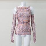 AHAgaga Sexy Tee T-shirt Women 2025 Summer Casual Letter Print Skinny See Through With Gloves Cropped Shirts Women Female Blusas