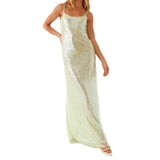 Women Shiny Sequins Dress Summer Draped Backless Spaghetti Strap Party Dress for Vacation Cocktail Beach Streetwear