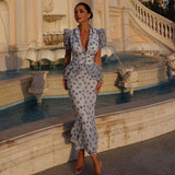 FDYOUI V-neck Short Sleeve Single Breasted Ruffles Blouse Tops+Mermaid Skirts Suits Elegant Floral Print Midi Dress 2 Piece Set
