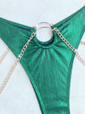 sexy metallic green bandeau bikinis sets two pieces metal chain high waist thong swimsuit bathing suit swimwear biquini bakini