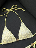 Sexy Yellow 3D Flower Micro Bikini 2026 Women Hole Out Stone Strap Push Up Bra Thong Swimsuit Holiday Bathing Suit Swimwear