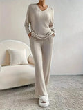 Autumn and Winter Casual V-neck Pocket Striped Knited Tops and Long Trousers Two-piece Sets, Women's Pajamas Set Sleepwear