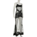 FDYOUI Sexy Lace Patchwork Mesh Long Dress Women Spaghetti Strap See-through Evening Party Dresses White Black Night Club Outfit