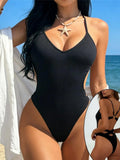 Sexy V Neck Halter Ribbed One Piece Swimsuit Monokini Backless High Cut Leg Bather Bathing Suit Swim Women Swimwear Female K8121