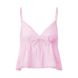 Womens Solid Color Sleep Tank Tops Spaghetti Strap Stylish Lace Trim Striped Front Bow Backless V Neck Sleep Camisoles