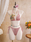 Sexy Beige 3D Flowers Embroidered Bikini Set 2026 Women Drawstring Cover Up 3 Piece Swimsuit Beach Bathing Suit Holiday Swimwear