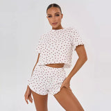 Heart Print Casual Round Neck Short Sleeve Shorts Two-piece Set Pajamas Set Women Summer Sleepwear Home Wear