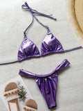 PU Pleated Ruched Bikinis Mini Micro Thong Bikini Women Swimwear Female Swimsuit Two-pieces Bikini Set Halter Bathing Suit Swim