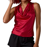 Women Satin Halter Tank Tops Fashion Fitted Solid Color Cowl Neck Sleeveless Vest Trendy Summer Streetwear