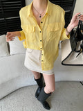 Women White Linen Blend Button Down Shirt Turn Down Collar Chest Pocket Loose Fit Blouse For Summer And Vacation Outfit KY7U