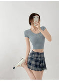 American Style Retro Low Waisted JK Plaid Pleated Skirt Women 2026 Summer New Spicy Girl Wrap Hip Slim A-line Ultra Skirt YOQG