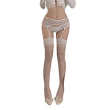 Women's Suspender Tights Sheer Lace Stockings Crotchless Pantyhose with Garter Belt