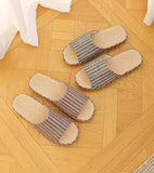 Breathable Linen Slippers For Women Men Summer House Shoes Striped Design Soft Sole Anti-Slip Couples Home Floor Cotton Slides