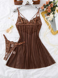 Net fabric see-through deep V nightgown thong set - dark color floral lace strapless fitted sexy nightgown set