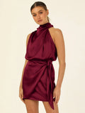 Foridol One Shoulder Turtleneck Tank Satin Women Party Dress Robe Zip Sleeveless Elegant Vintage Folds Women Clothing 2025