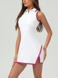 Summer Women's Tennis Dress White Contrast 2-in-1 Tennis Golf Sports Dresses Polo Collar Zipper Slim Split Fitness Dress