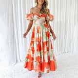 Sexy Dresses For Women Summer Trendy Boho Floral Printed Short Sleeve Vestido Seductive Off Shoulder Knee Length Dress For Woman