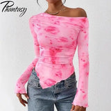 Women's Off-Shoulder Ruffled Sleeve Long-Sleeve Top with Asymmetrical Tie-Dye Mesh Asymmetrical Pleated Floral Print T-Shirt