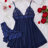Blue Contrast Lace Ruffle Trim Lingerie Set Women's Nightdress See Through Deep V Mini Dress and Thong Nightgowns Underwear
