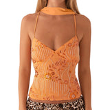 Women Camisoles Sequins Beaded Flower Embroidery V-Neck Casual Camis Tops Summer Fashion Sleeveless Crop Tops with Choker Scarf