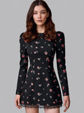Ahagaga Elegant Women's Mini Dresses Print Heart-shaped Cutout Slim Fit A-Line Regualr Long Sleeves Trend O-Neck Lace Patchwork