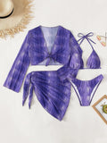 4PCS With Mesh Sheer Sarong Long Sleeve Bikini Female Swimsuit Women Swimwear Four-pieces Bikini Set Bathing Suit Swim Beachwear