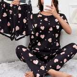 Women's Pajamas 3-Piece Set Sleepwear Home Clothes Autumn Short Sleeve Top with Shorts & Long Pants Loungewear Short Suit Pyjama