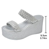 Silver Chunky Platform Slippers for Women 2026 Summer Thick Bottom Wedges Sandals Woman Plus Size 45 Woven Beach Sandles Female