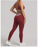 Summer Color-block Yoga Sets Women Thin Strap Open Back Shockproof Sports Bra Tight High Waist Leggings Training Fitness Suits