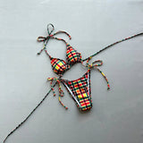 New 2026 Women's Plaid Swimsuit Sexy Lace-up Backless Swimwear Low Waist Push Up Thong Bathing Suit Micro Bikini Set Beachwear