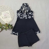 Vintage Black Flower Print Skirt Bikini Set 2026 Front Bow Crop Top Bathing Suit Swimwear Women's High Waist Swimsuit Tankini