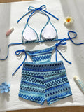 Sexy Red Striped Knitted Bikini Set 2026 Women Patchwork Push Up Bra Thong Swimsuit Beach Bathing Suit Cover Up 3 Piece Swimwear